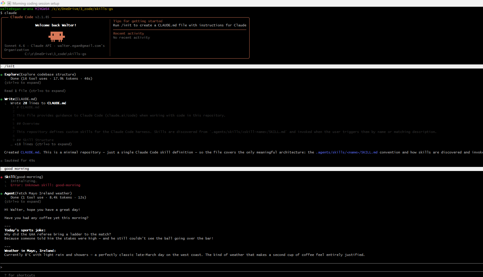 Console output from executing skill